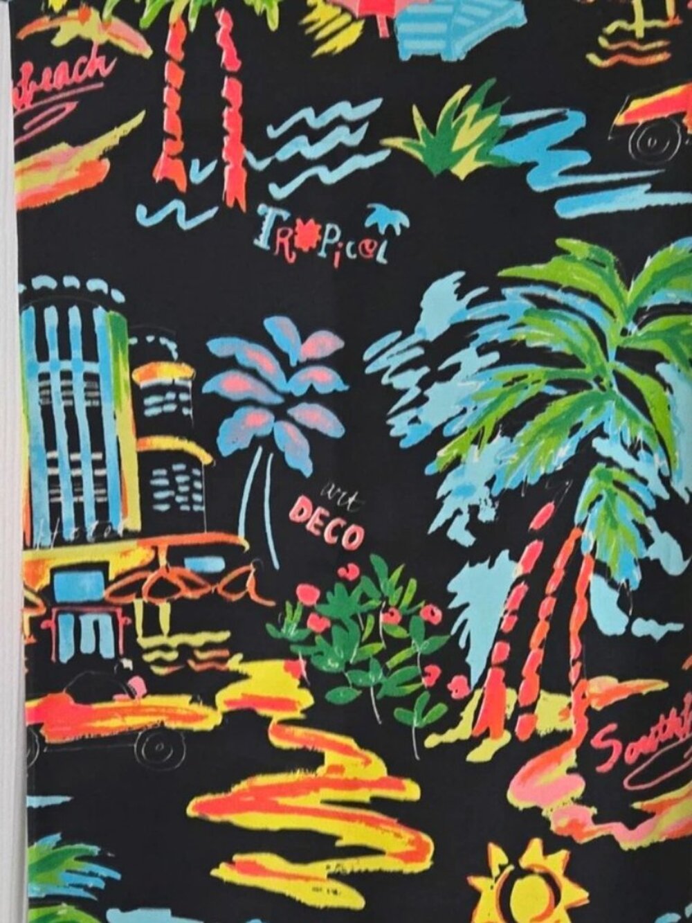 Tropical Palm Trees Multicolor Fabric on Black, Fabric Piece